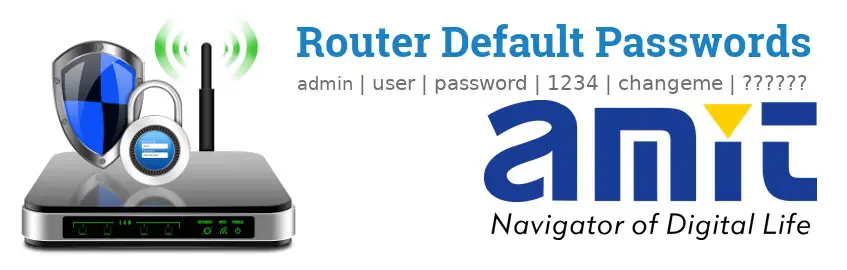 Image of a AMIT router with 'Router Default Passwords' text and the AMIT logo