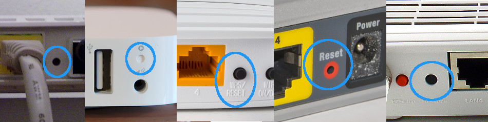 Exemples de boutons de réinitialisation sur différents routeurs et modems.